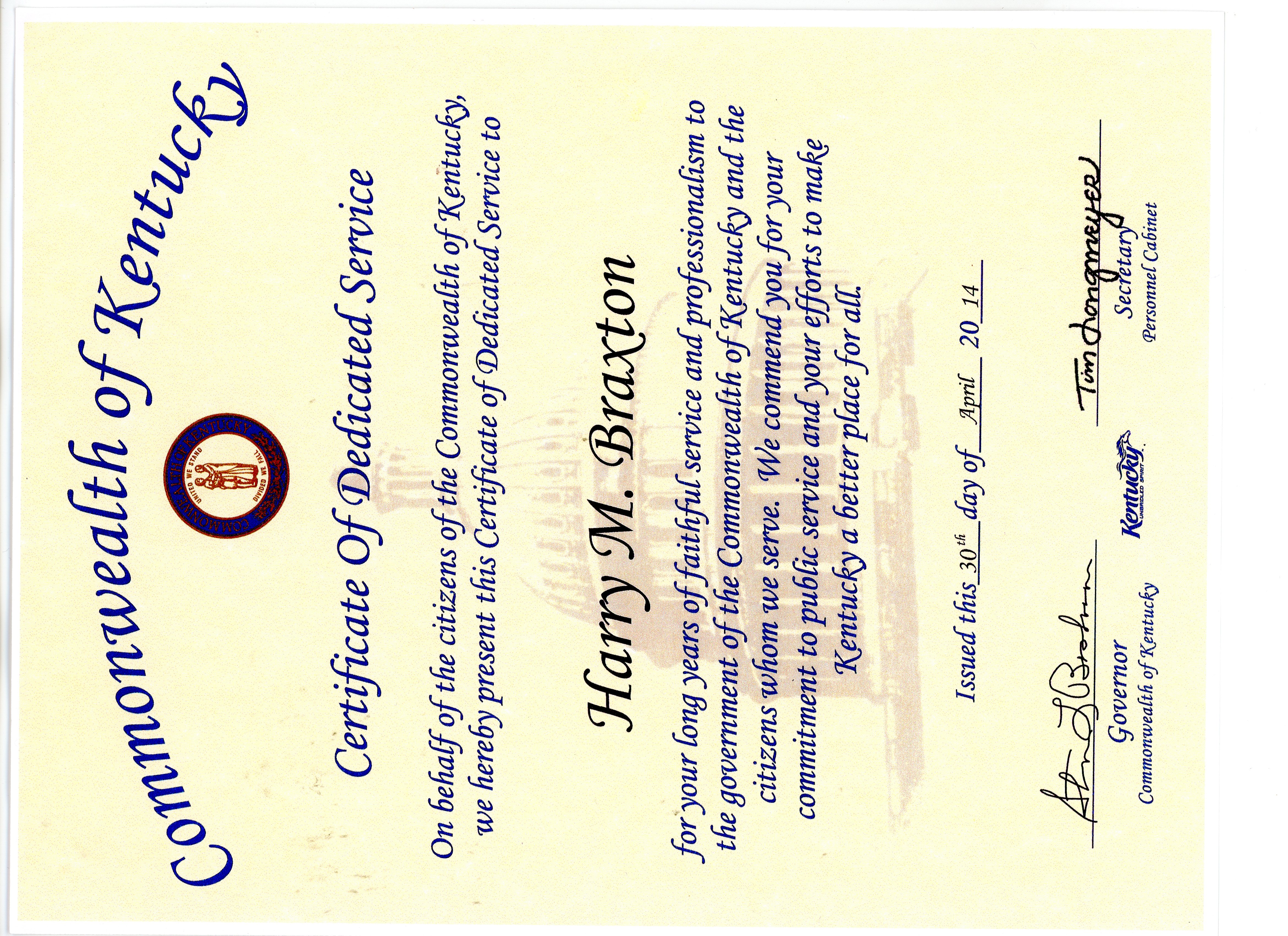 Certificate of Dedicated Service