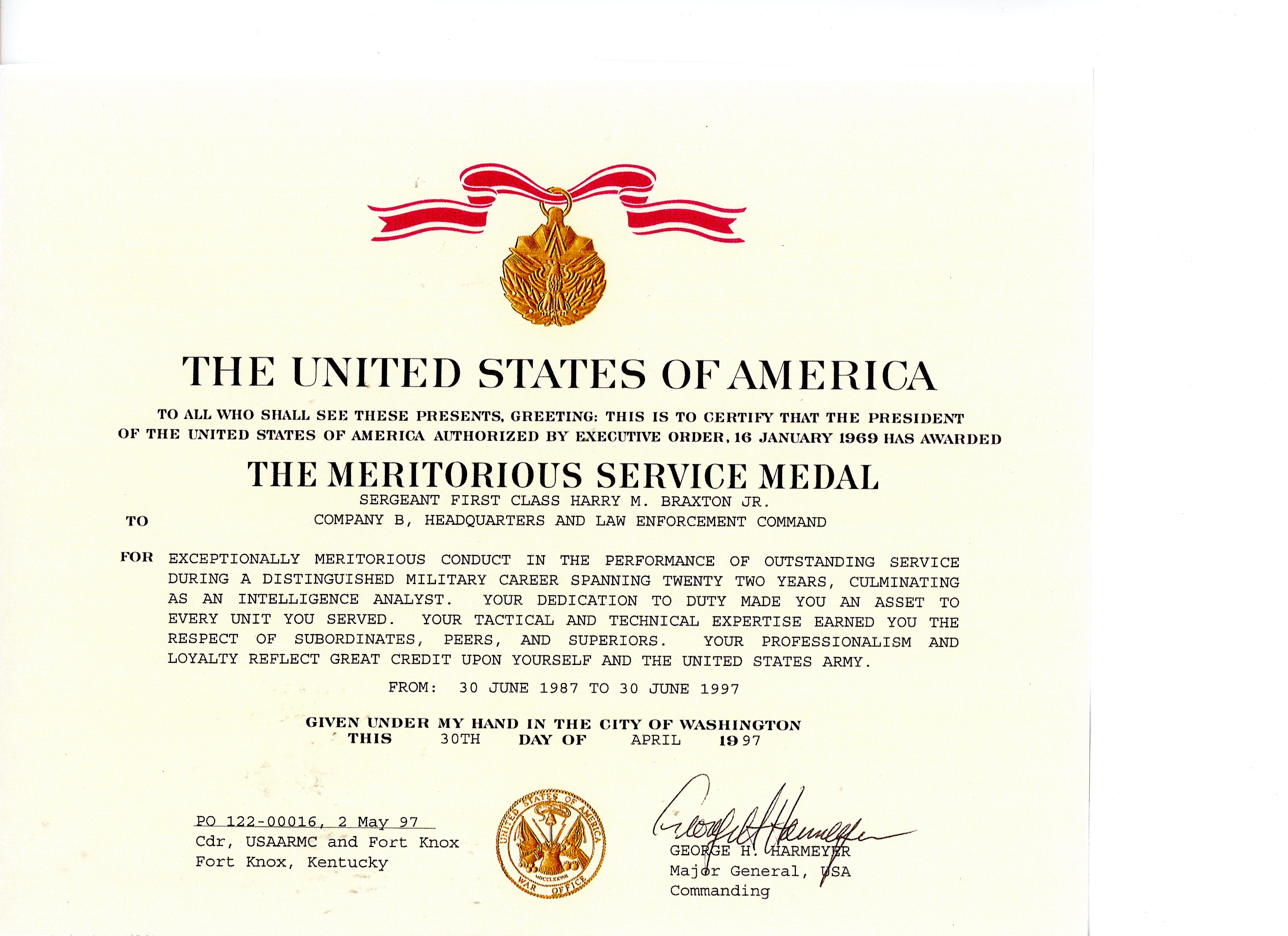 Meritorious Service Medal Certificate
