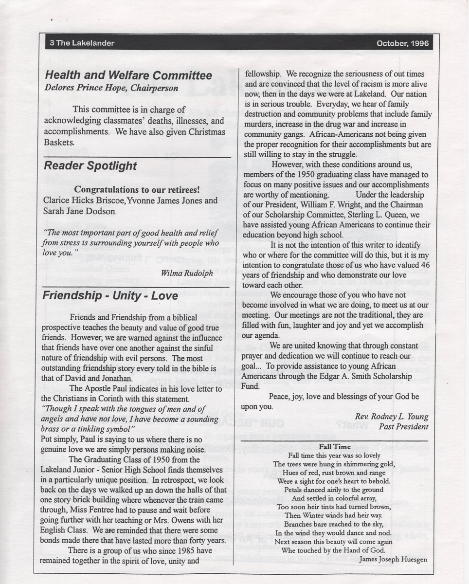 Newsletter entitled "The Lakelander", October 1996, Volume 1, No. 1